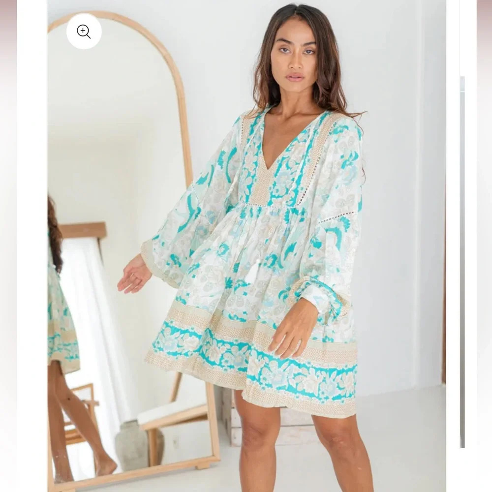 The Fox and the Mermaid Calista V Neck Tassel Floral Printed Mini Dress
